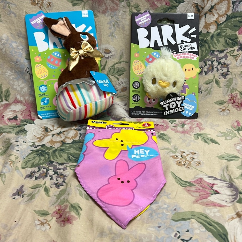 Dog Easter dog toys and bandanna